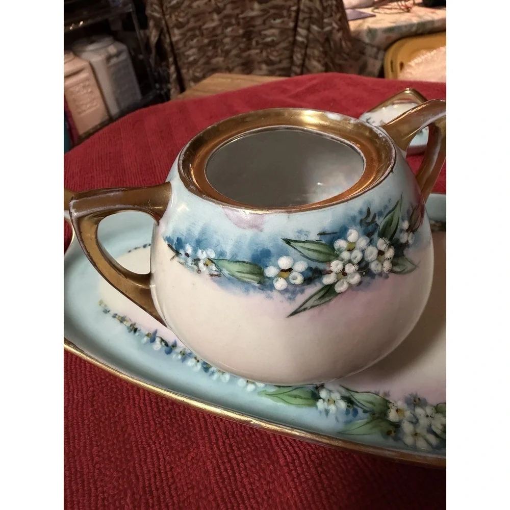 Antique O & E G Royal Austria Hand Painted Sugar Bowl with Lid & Boat Tray